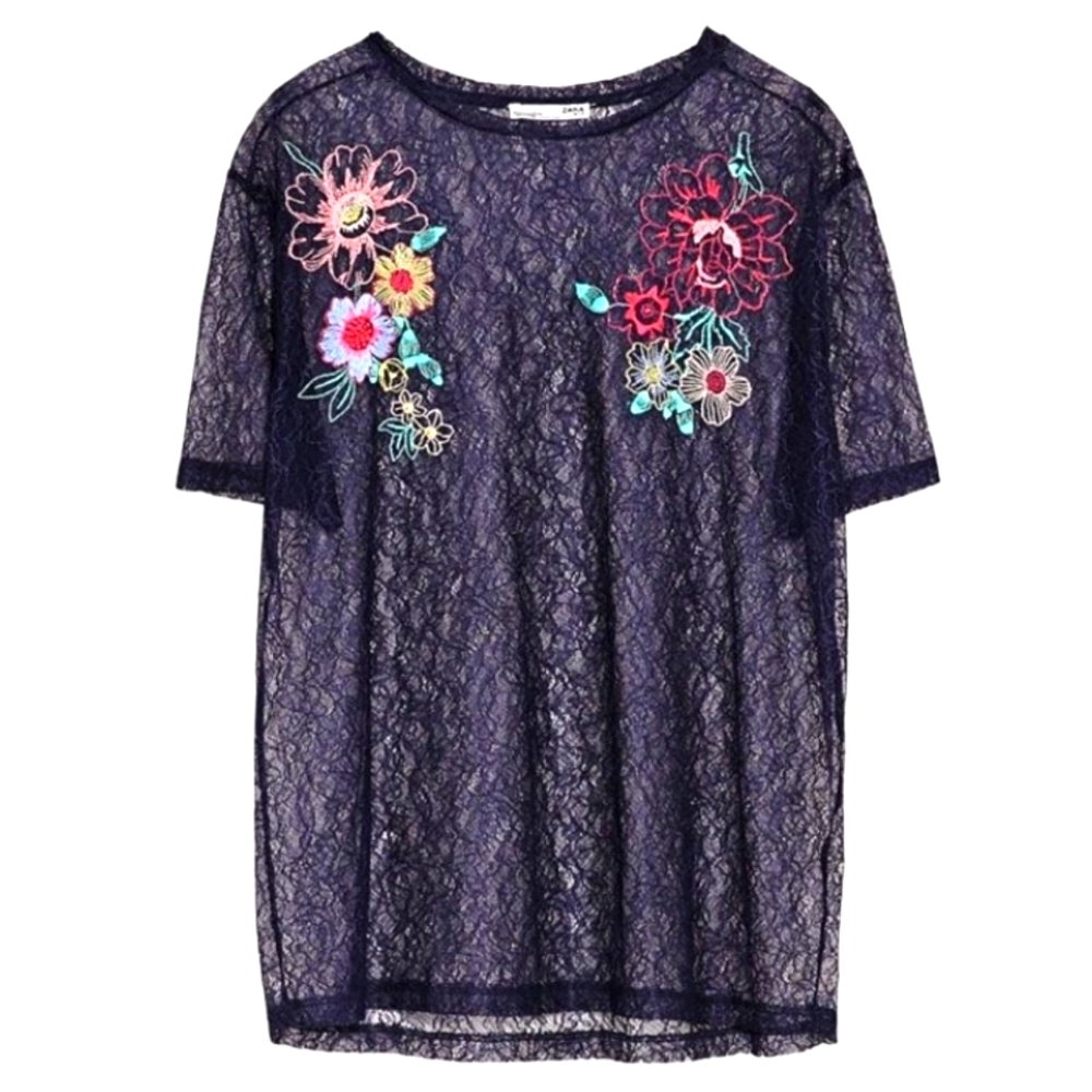 Zara Sheer Embroidered Floral Lace Top Navy Blue